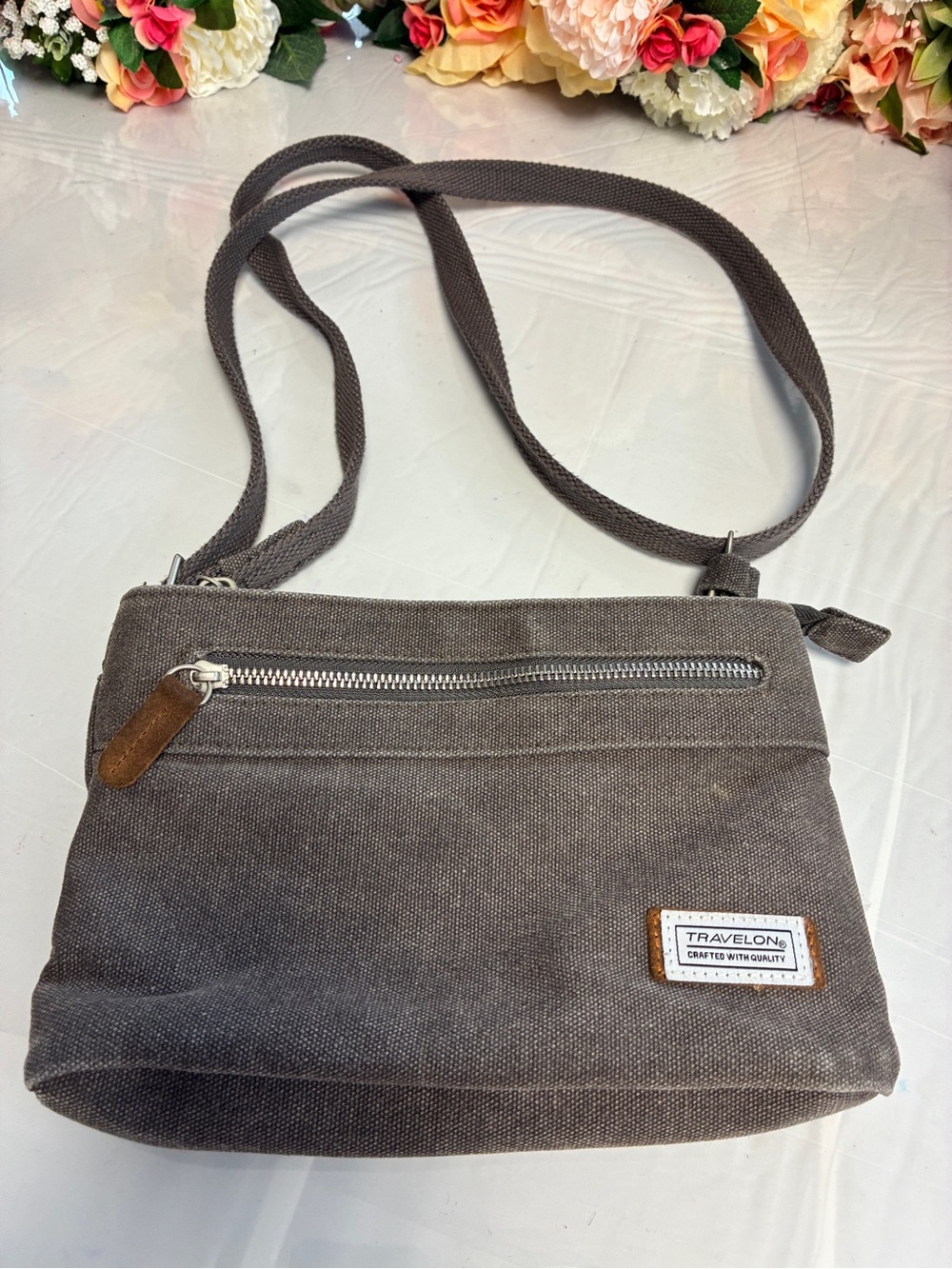 Travelon Heritage Small Canvas Crossbody Pewter Gray RFID Anti-Theft Bag